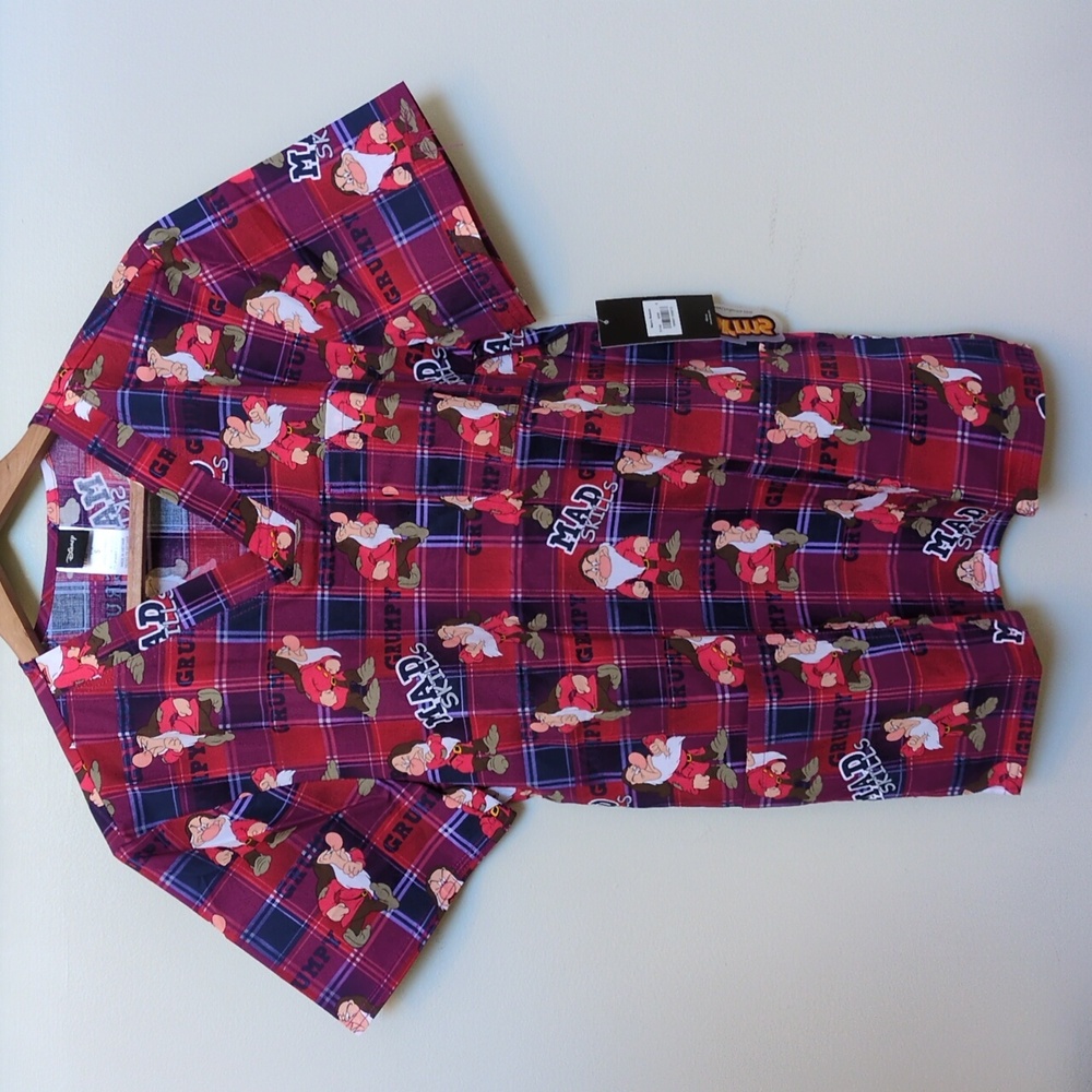 NWT Men's S Grumpy Dwarf Mad Skills Scrub Top Tooniforms Cotton Plaid Snow White